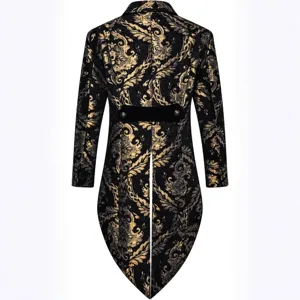 Men's gothic steampunk tailcoat jacket in black and gold brocade, perfect for weddings.