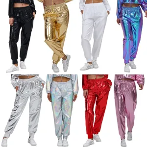 Dames Casual Metallisch Glanzende Hoge Taille Trekkoord Broek Mode Streetwear Performance Lange Broek
