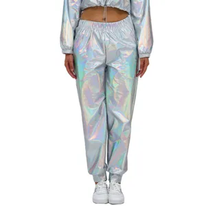 Holografische metallische trainingsbroek zilver glanzende streetwear broek voor dames