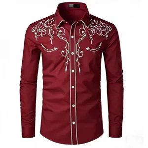 Chemise Décontractée à Manches Longues pour Hommes Style Western Américain Broderie Florale Vintage Col Revers Haut