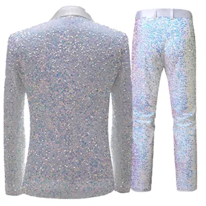 Completo uomo paillettes iridescenti, set slim fit giacca e pantaloni da palcoscenico.