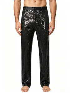 Close-up detail view of black sequin trousers for men, ideal for stage performance use.