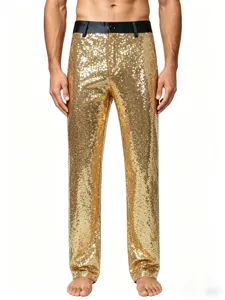 Men's gold sequin stage trousers detail view, sparkling performance party dance pants.