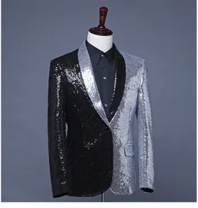 Men's fashion asymmetric half black and silver sequin blazer jacket detail view.