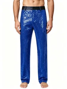 Men's sparkling sequin dress pants, royal blue stage performance trousers for party show.