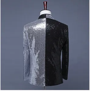 Detail view of the men's sequin blazer, featuring a striking half black and half silver split design.