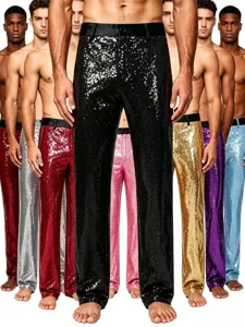 Detailed view of men's sequin dress trousers showcasing glitter fabric and multi-color options.