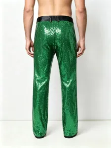 Men's green sequin trousers sparkle stage performance dance party clubwear pants.