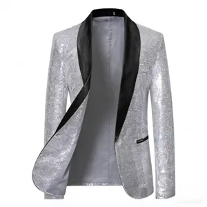 Men's stylish silver sequin blazer with black shawl lapel for party and club wear.