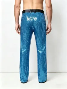 Detailed back view of bright blue sequin trousers, sparkling stage performance pants.