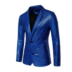Veste de blazer homme à carreaux pailletés bleus pour soirée mode de discothèque.