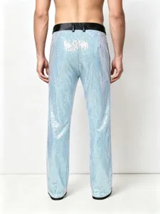 Men light blue sequin trousers shiny stage dance party trousers slim fit design.