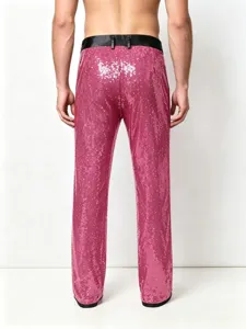 Men's bright pink sequin trousers, dazzling stage performance pants, slim fit party wear.