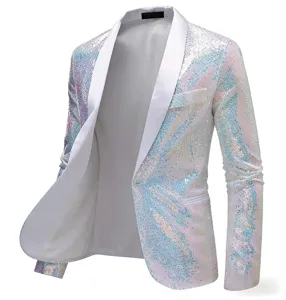 Men's holographic sequin blazer jacket with white lapel for party club stage performance.