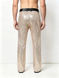 Detailed view of the sparkling sequin trousers back, showing glittering fabric and fit.