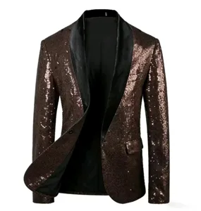Detailed view of the stylish mens sequin blazer featuring black shawl lapel and glossy fabric.