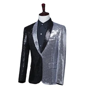Men stylish half black silver sequin blazer jacket stage singer host asymmetric suit top