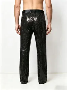 Men's black sequin trousers for party stage performance, slim fit glitter pants detail.