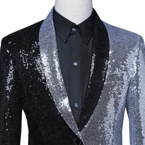 Men's fashion sequin blazer jacket half black and silver asymmetric party suit coat