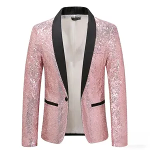 Pink sequin blazer detail featuring black shawl lapel and shimmering fabric for men party wear.
