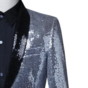 Men's silver sequin blazer with black shawl lapel stylish jacket for party performance