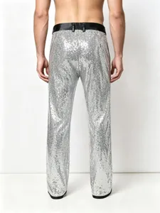 Detail view of silver sequin men trousers, shiny stage performance pants for party and choir.