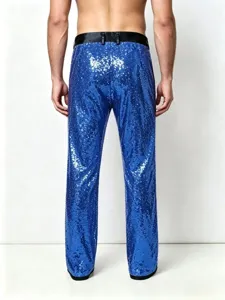 Close-up detail of royal blue sequin trousers, sparkling stage performance pants for men.
