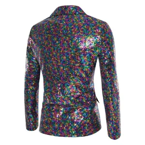 Chaqueta blazer de lentejuelas coloridas para hombre, traje brillante de fiesta, vista trasera.
