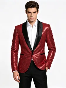 Chaqueta blazer de lentejuelas rojas para hombre slim fit esmoquin con solapa de chal negro fiesta.