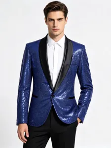 Blazer de lentejuelas para hombre con solapa chal negra, chaqueta elegante ajustada.