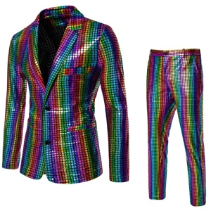 Ensemble de costume de scène disco à sequins colorés pour hommes, blazer brillant et pantalon.
