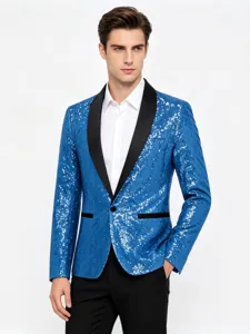 Blazer de lentejuelas azules para hombre, chaqueta ajustada de fiesta con solapa negra.