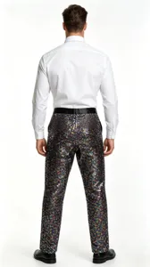 Detailed view of men's sequined stage performance trousers, showing back tailoring and fit.
