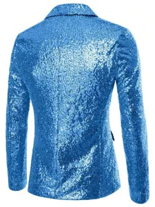 Men's blue sequin blazer slim fit single breasted suit jacket for stage performance and party wear