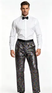 Men's stage performance sequin trousers detailed shot, ideal for dancing and photo studio.
