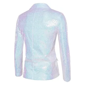 Detalle vista trasera blazer lentejuelas hombre brillante iridiscente fiesta chaqueta.
