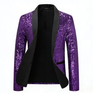 Men's purple sequin blazer jacket, stylish black lapel party suit coat for stage performance.