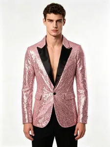 Herren rosa Pailletten Blazer Detail, schwarzes Satin Revers und einzelner Knopf fur Party.