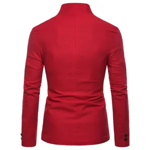Veste blazer homme rouge casual col mao avec details de boutons sur les poignets mode.