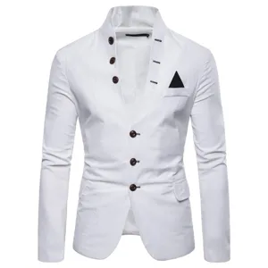 Veste de Costume Slim Casual en Mélange de Coton pour Hommes Col Officier Boutons Blazer