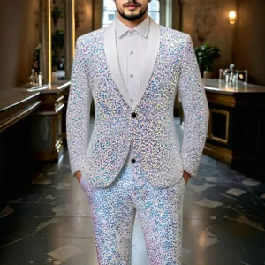 Set Abito con Paillettes da Uomo in Poliestere Lucido Spettacolo Blazer Slim e Pantaloni Festa