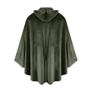 Vista dettagliata della consistenza del mantello con cappuccio verde scuro e tessuto.