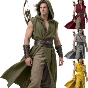 Men Medieval Sleeveless Outerwear Renaissance Short Cape Halloween LARP Costume Hooded Tunic Vintage Cosplay Outfit