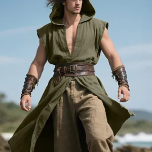 Medieval sleeveless hooded tunic Renaissance men cape Halloween LARP costume green outerwear.
