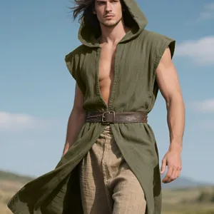 Men's medieval sleeveless hooded tunic renaissance LARP costume with leather belt.