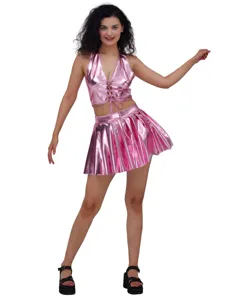 Completo top corto halter e minigonna plissettata metallizzati rosa per festa.
