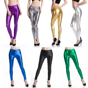 Women's Sexy PU Leather Leggings High Waist Shiny Metallic Stretch Pants For Nightclub Stage Performance