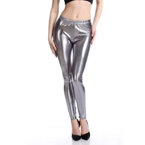 Metallic shiny silver leggings, wet look high waist tight pants for women club party wear.