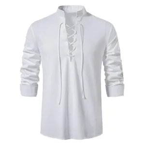 Men's casual stand collar lace up long sleeve linen shirt for spring and autumn daily wear.