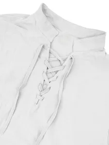 Close-up detail of men's casual linen long sleeve shirt collar and lace-up front design.
